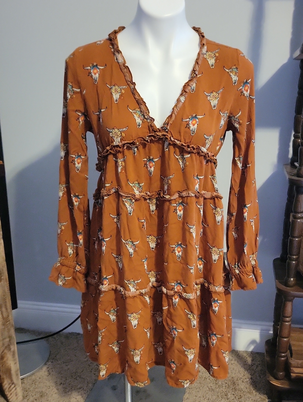 Women's ROPER Rust Brown Printed Tiered Dress....size Small